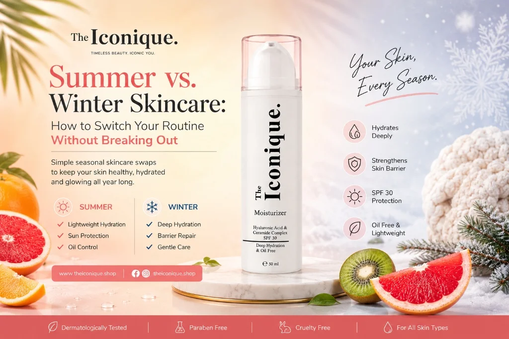 Summer vs Winter Skincare Routine Guide by The Iconique featuring Moisturizer with SPF 30 and Hyaluronic Acid Ceramide Complex